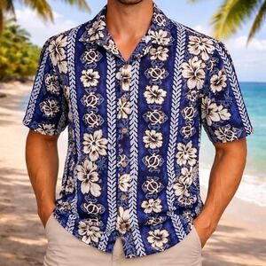 Pali Hawaiian Aloha Shirt Small Hibiscus Flowers Turtles Tribal Dark Blue White